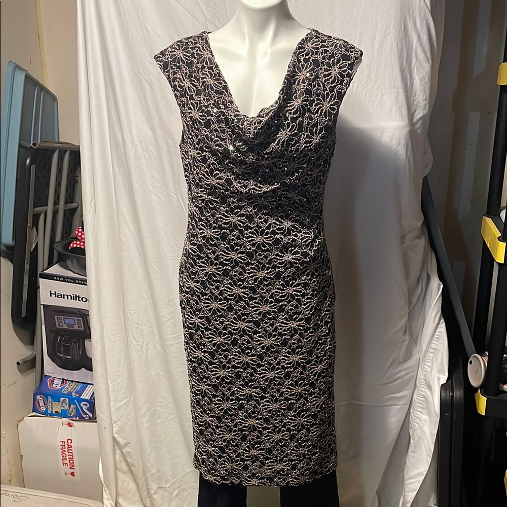 Black and Tan Sleeveless Cowl Neck Sheath Dress